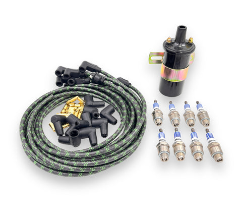 FLATHEAD V8 ELECTRONIC IGNITION UPGRADE BUNDLE W/ SPARK PLUGS, WIRES AND 1.5 OHM COIL - UNIVERSAL FIT BLACK WITH GREEN TRACER