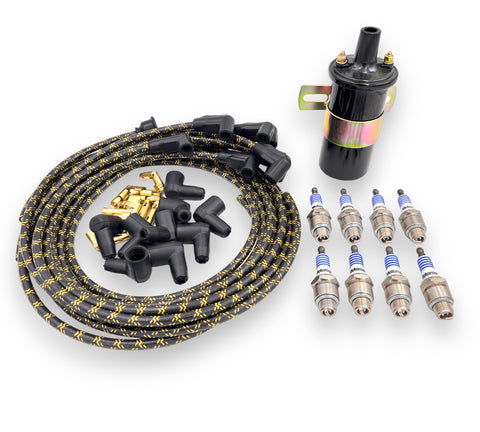 FLATHEAD V8 ELECTRONIC IGNITION UPGRADE BUNDLE W/ SPARK PLUGS, WIRES AND 1.5 OHM COIL - UNIVERSAL FIT BLACK WITH YELLOW TRACER