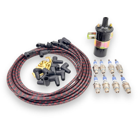 BLACK FRIDAY DEAL!  FLATHEAD V8 ELECTRONIC IGNITION UPGRADE BUNDLE W/ SPARK PLUGS, WIRES AND 1.5 OHM COIL - UNIVERSAL FIT BLACK WITH RED TRACER