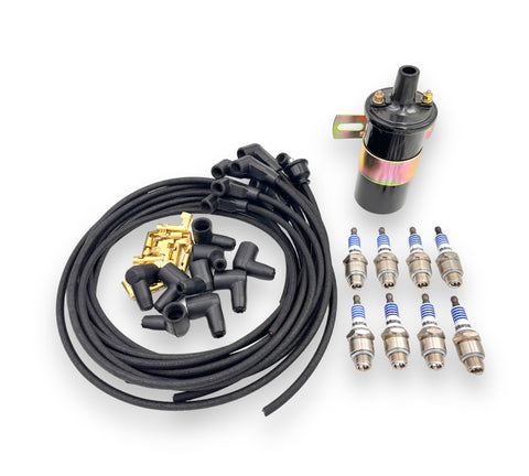 FLATHEAD V8 TUNE UP BUNDLE W/ SPARK PLUGS, COPPER CORE WIRES AND 1.5 OHM COIL - UNIVERSAL FIT BLACK