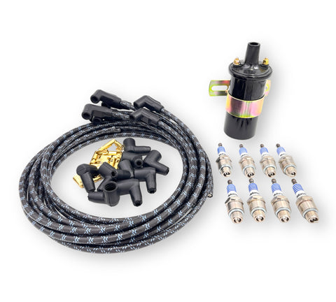 FLATHEAD V8 ELECTRONIC IGNITION UPGRADE BUNDLE W/ SPARK PLUGS, WIRES AND 1.5 OHM COIL - UNIVERSAL FIT BLACK WITH BLUE TRACER