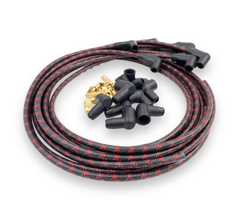 BLACK FRIDAY DEAL!  Flathead V8 7.8 MM Vintage Cloth Covered Suppression Core Spark Plug Wires - Universal Fit Black with Red Double Tracer